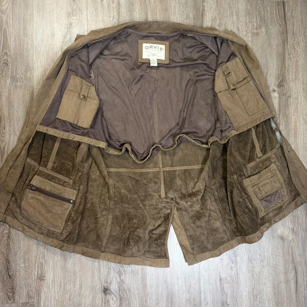 VTG Orvis Jacket Mens 42 Brown Fishing Blazer Canvas Safari Hunt Leather